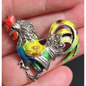 Vintage Germany Sterling Enamel Rooster Brooch Marcasite Chicken Pin